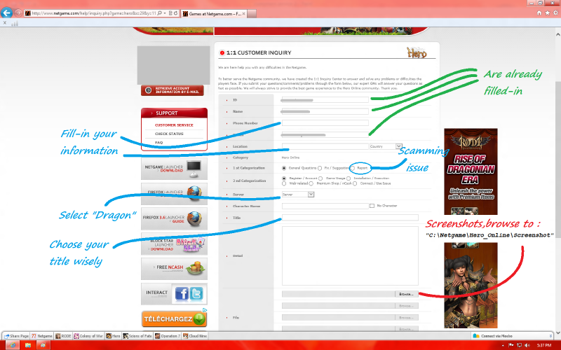 where to click on customer service